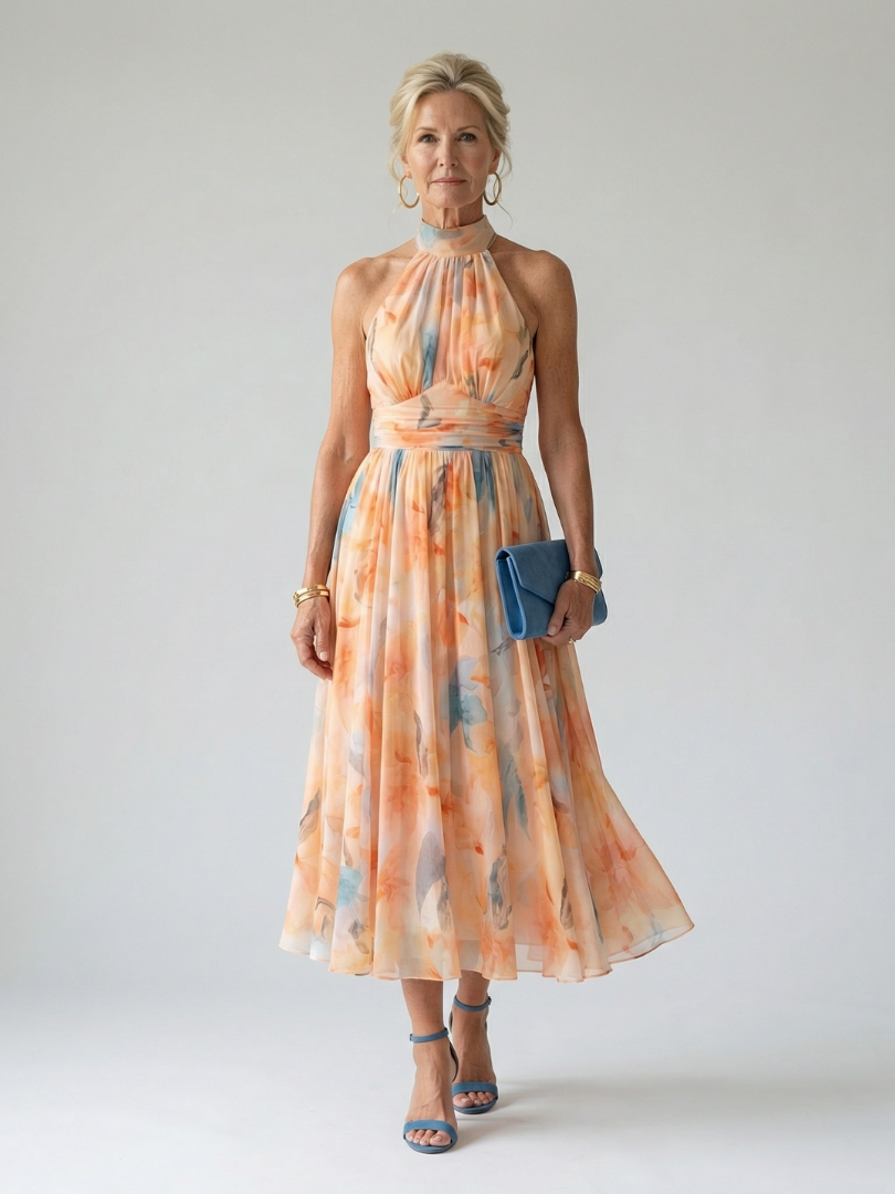 Floral Halter Neck Sleeveless Midi Dress