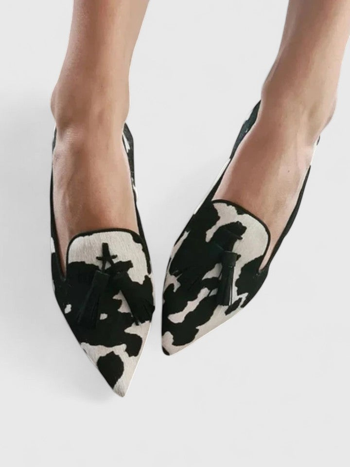 Pointed Toe Tassel Cow Print Flats