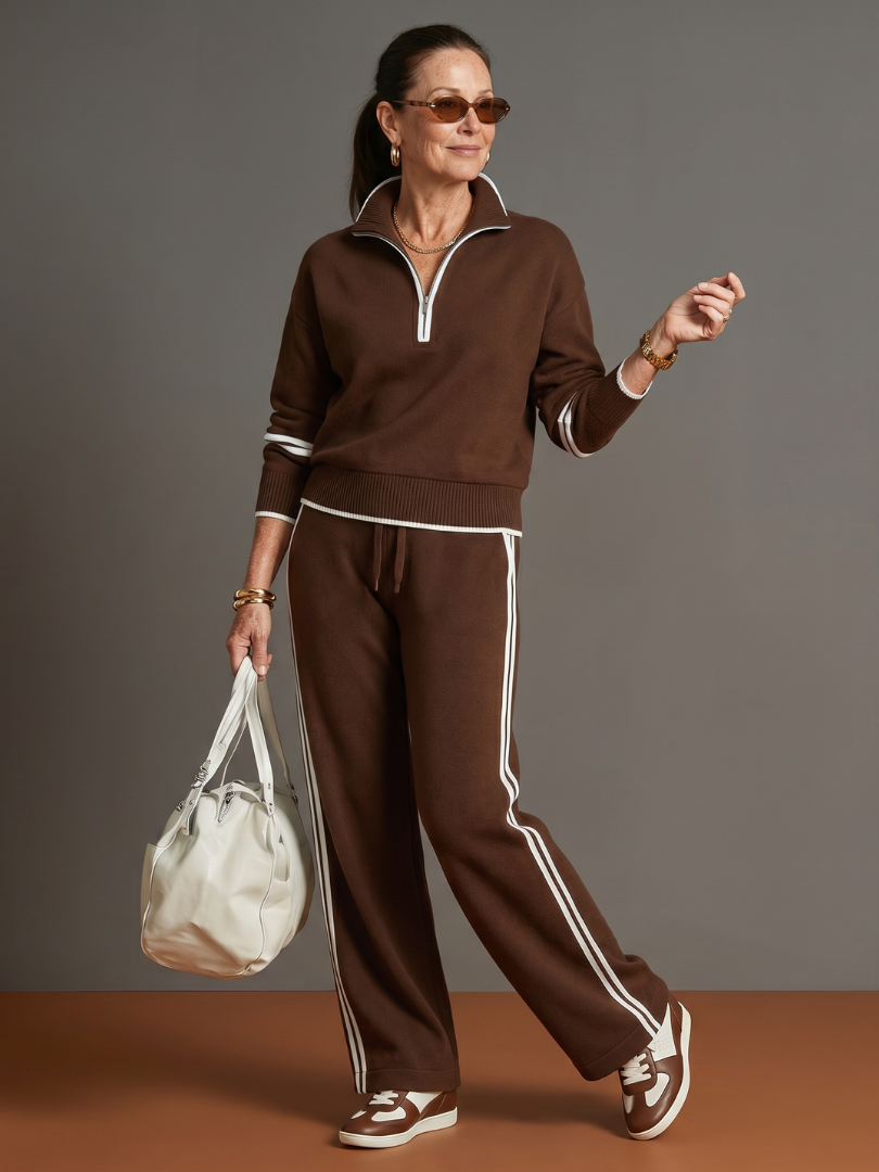 Quarter Zip Sweatshirt and Side Stripe Wide Leg Pants Two Piece Set