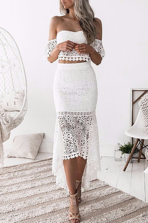 Lace Hollow-out High&Low Suit White