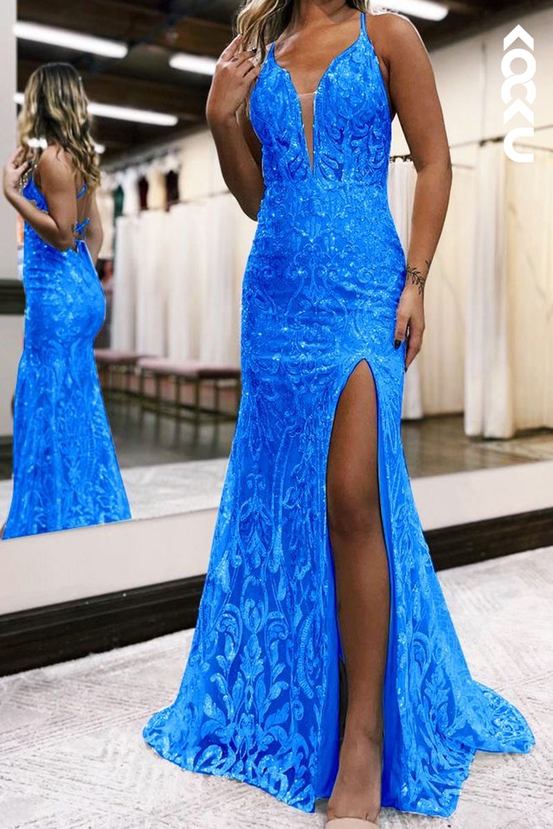 L2604 - Sexy & Charming V-neck Spagehtti Straps Backless Sequins Evening Party Prom Dress