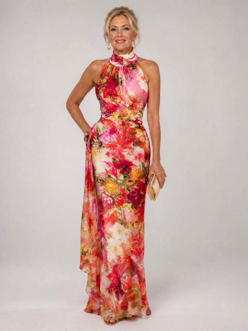Floral Halter Neck Ruffle Sleeveless Maxi Gown