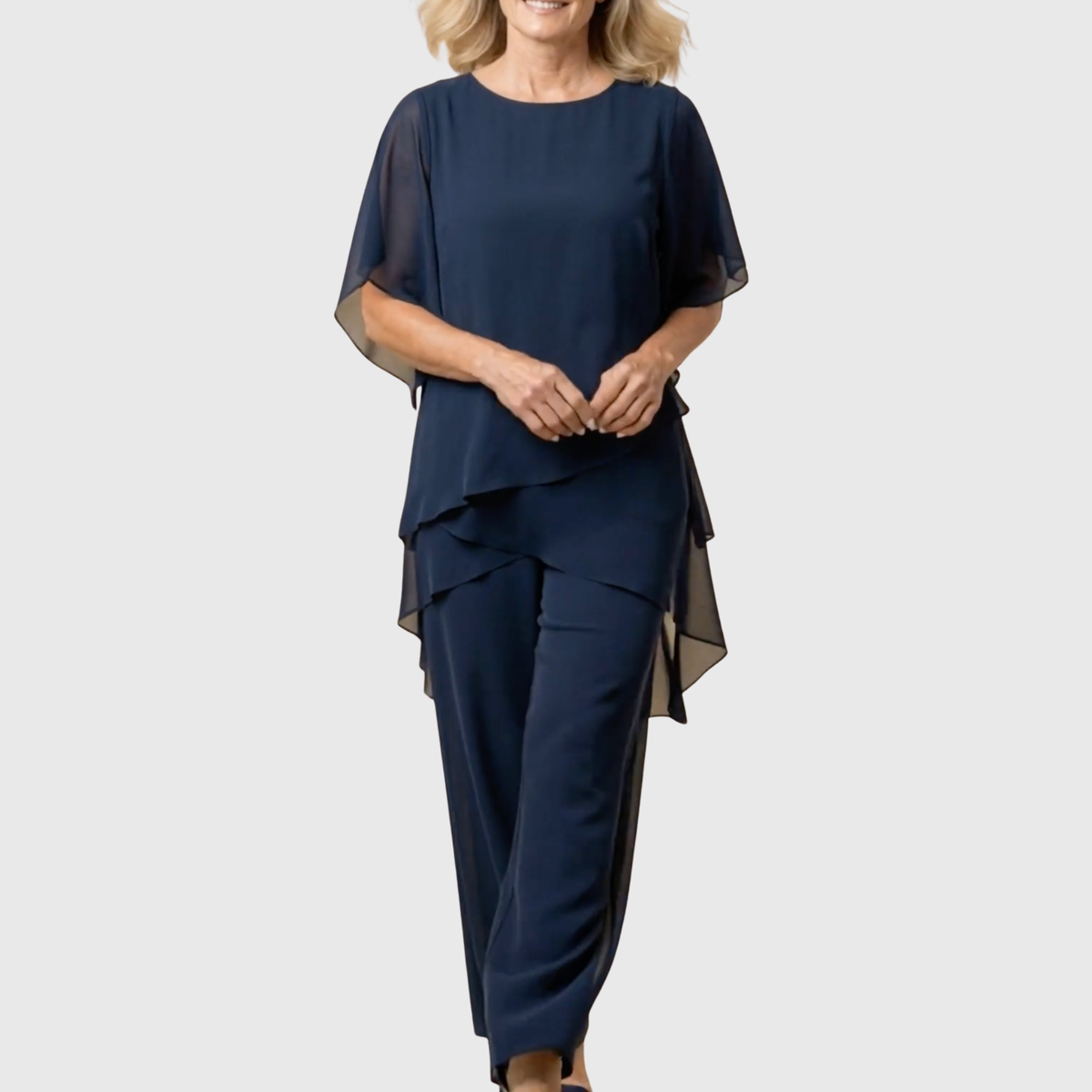 Layered Chiffon Cape Top and Wide Leg Pants Two Piece Set