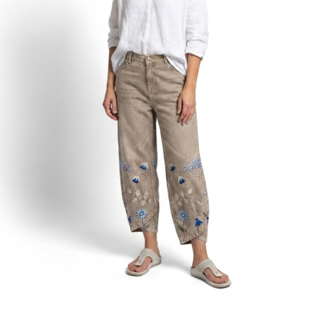 Floral Embroidered Wide Leg Cropped Denim Trousers