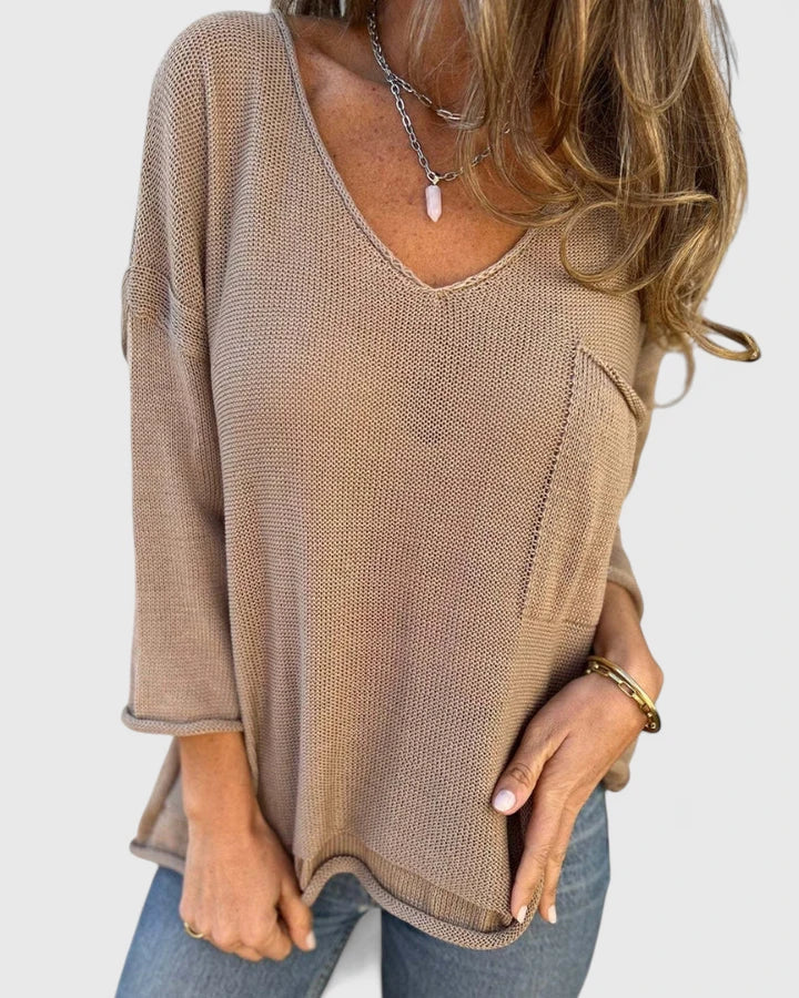 V-Neck Long Sleeve Pocket Loose Knit Sweater