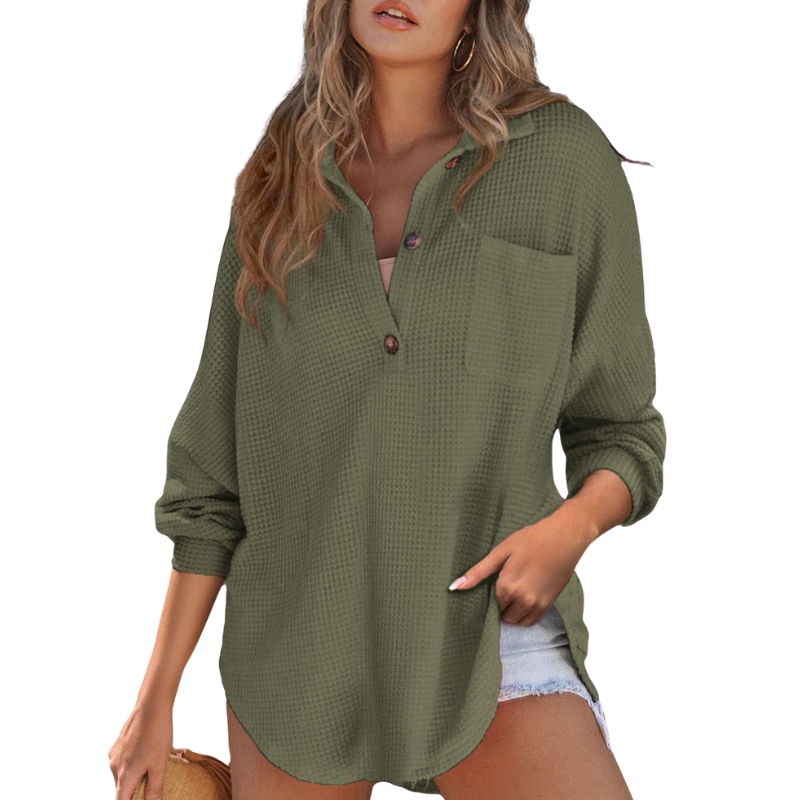 Waffle Knit Collared Button Long Sleeve Top