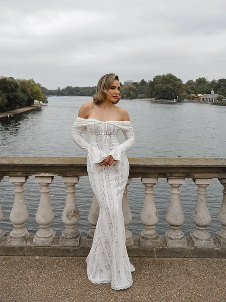 Off Shoulder Bell Sleeve Lace Up Front Striped Lace Mermaid Maxi Dress 5