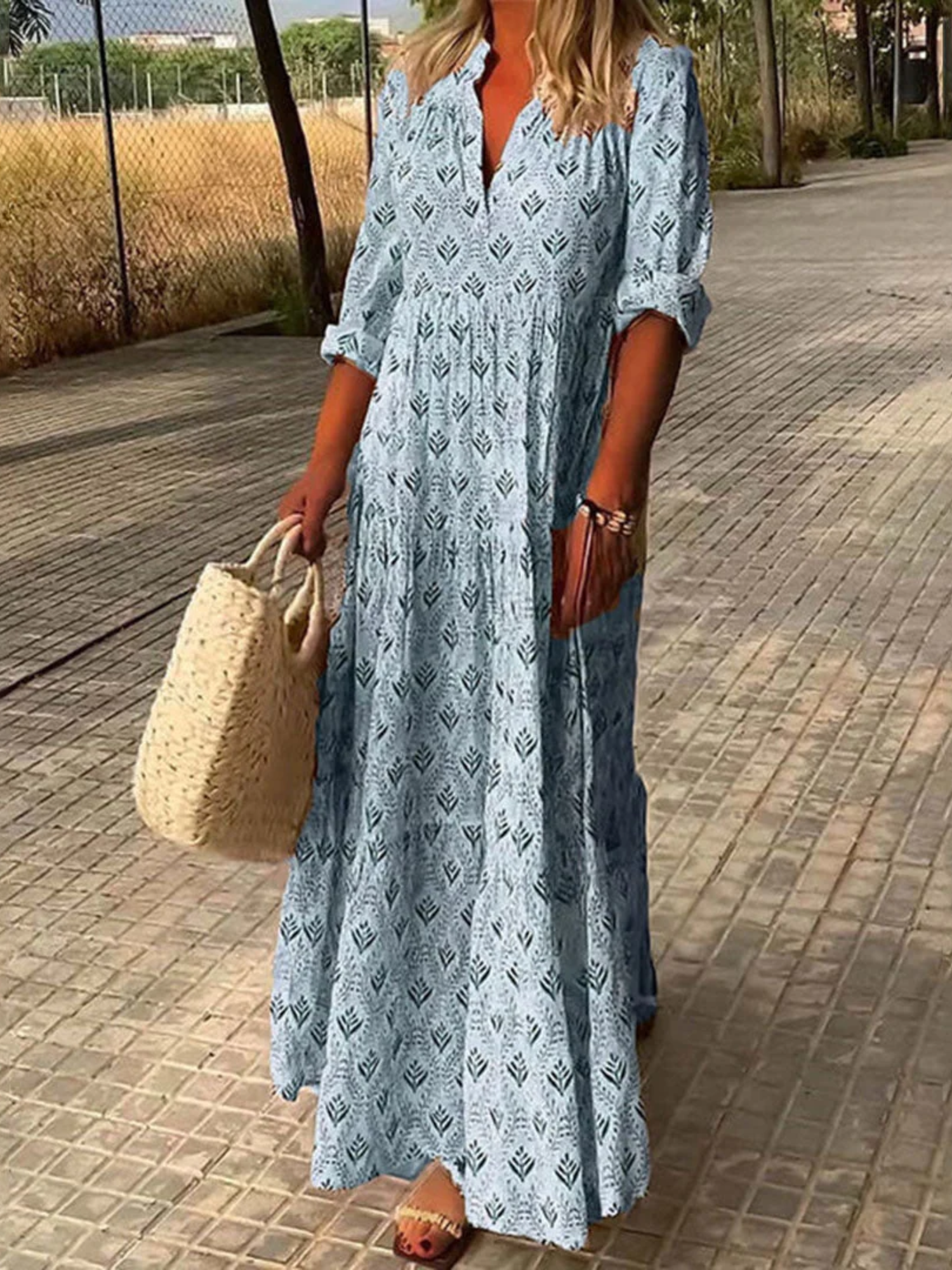 Split Neck Long Sleeve Tiered Maxi Dress