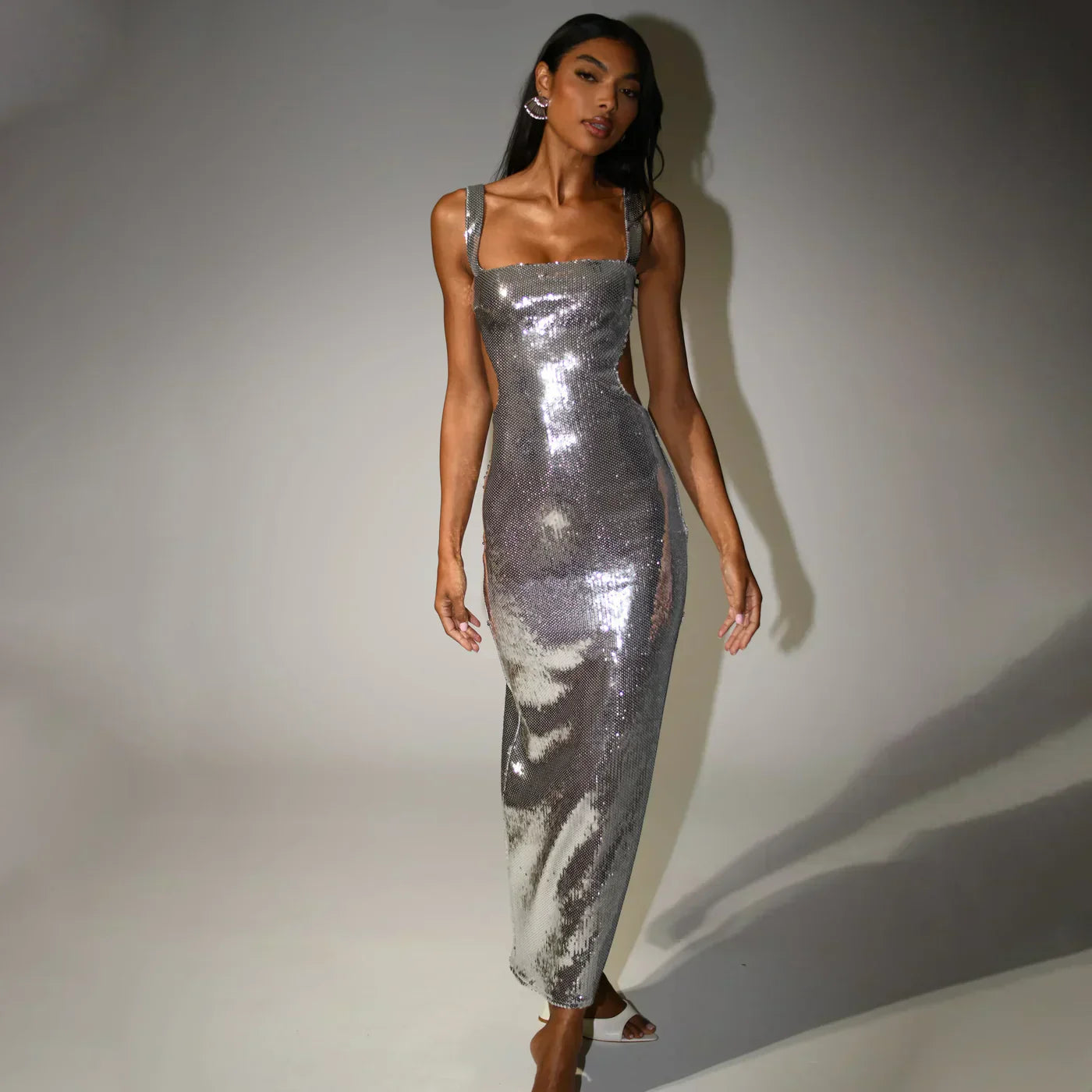 Michaela Spaghetti Strap Shimmer Maxi Dress