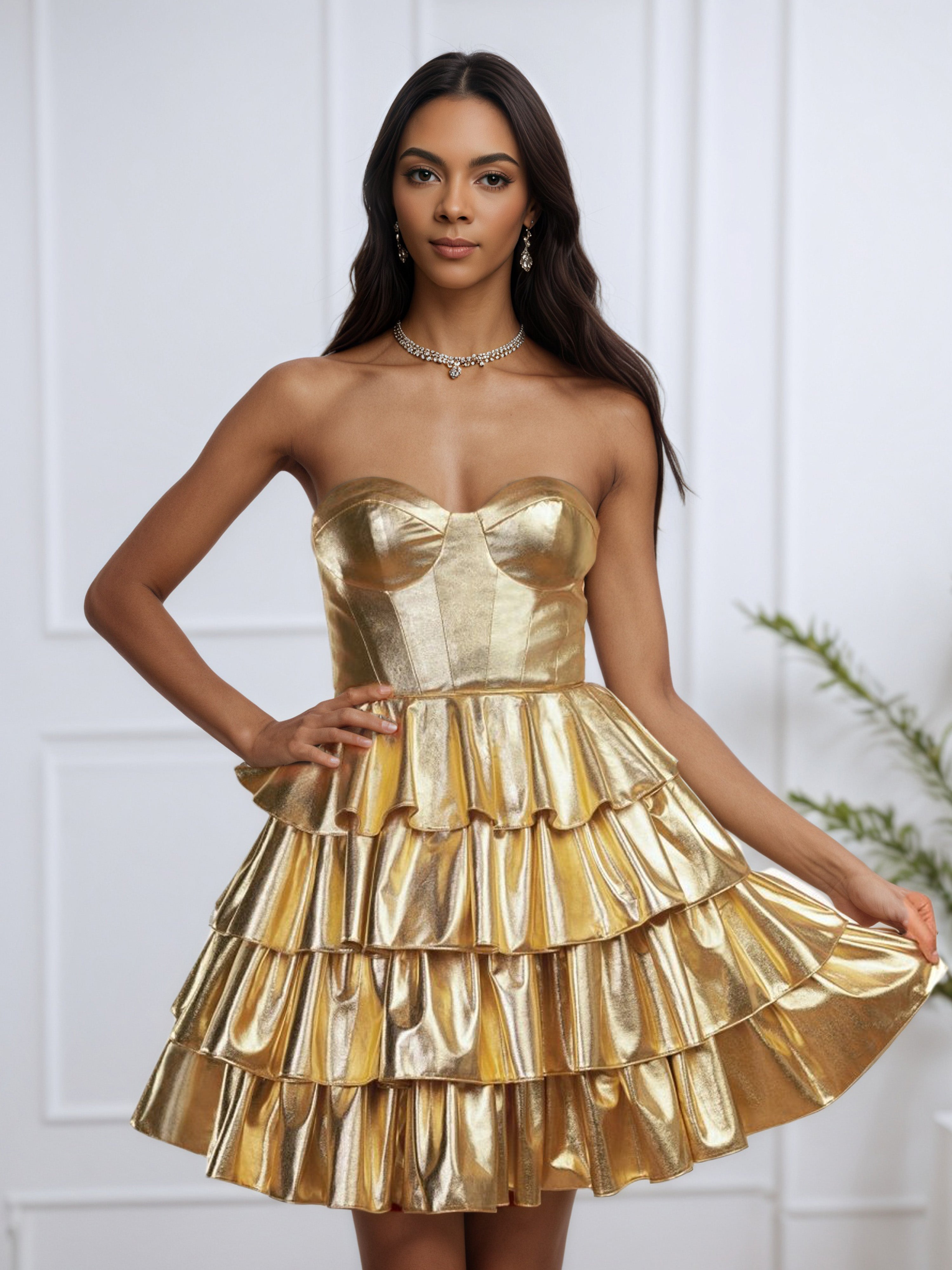 Sweetheart Layers Strapless Gold A Line Homecoming Dresses