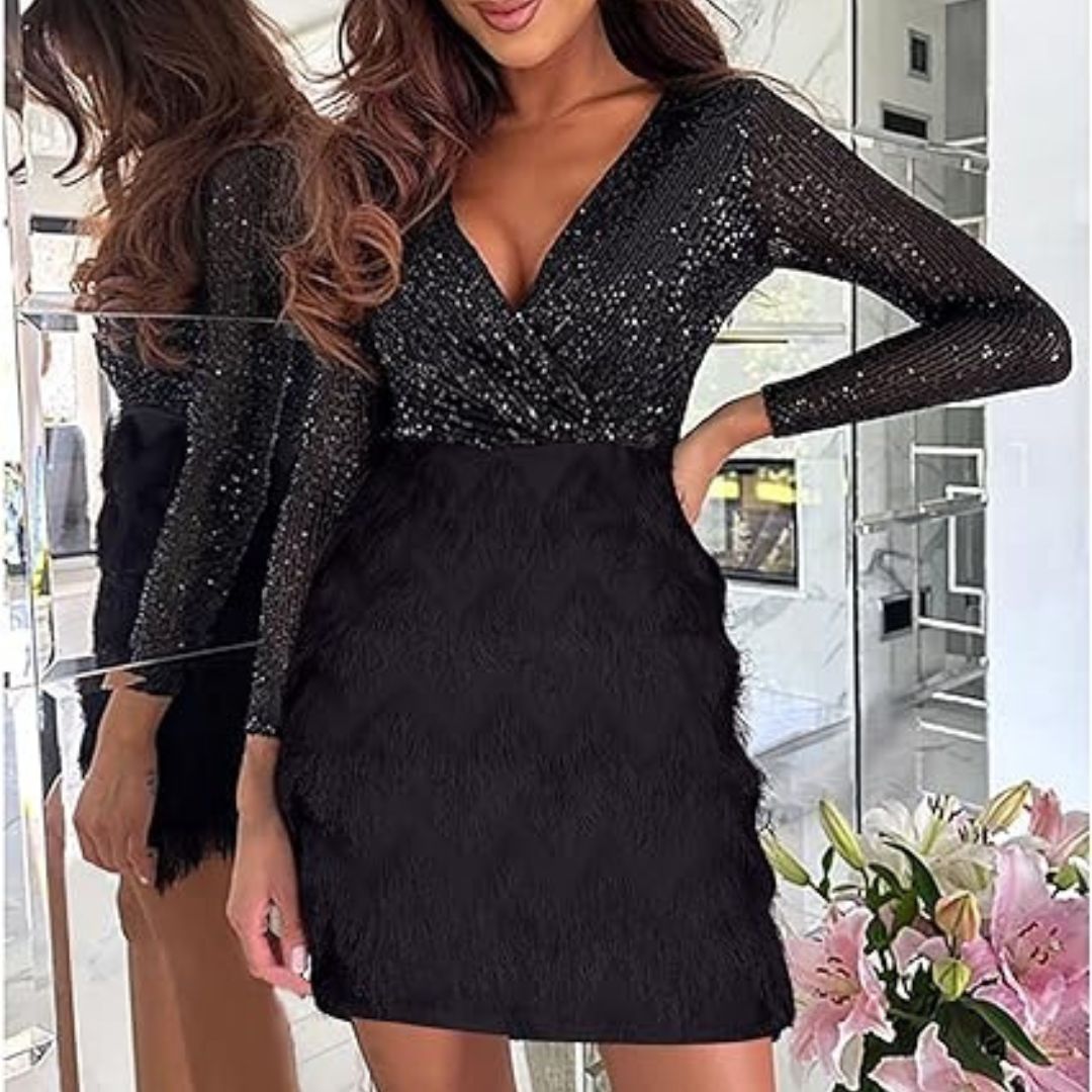 Amalberga Aesthetic Heidi Mode Sequin Dress with V Neck Statement Occasion Edit