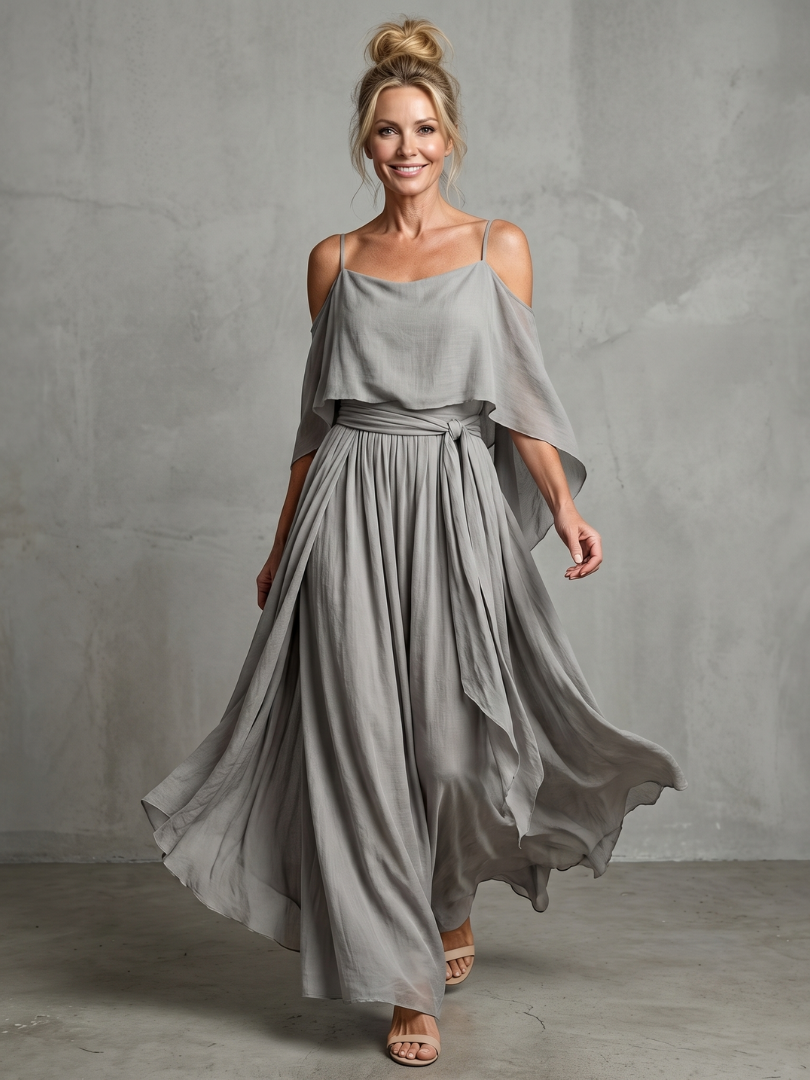 Cold Shoulder Ruffle Top and Tie Waist Maxi Skirt Two Piece Set