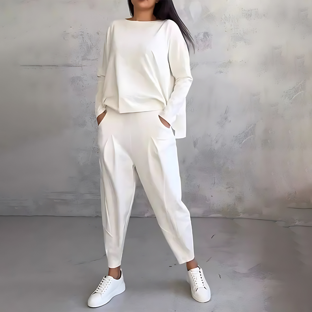 Boat Neck Long Sleeve Top and Tapered Pants Two Piece Set
