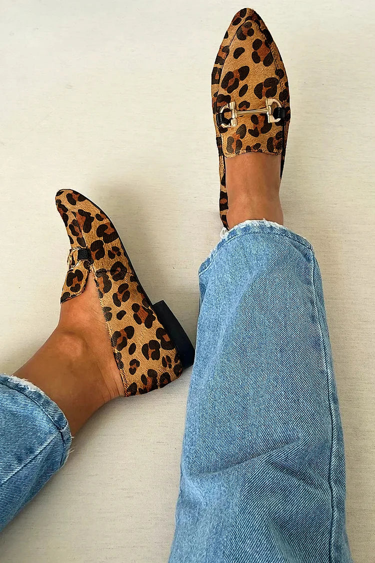 Leopard Print Pointed Toe Buckle Flat Loafers