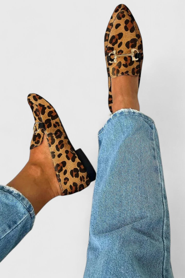 Leopard Print Pointed Toe Buckle Loafers