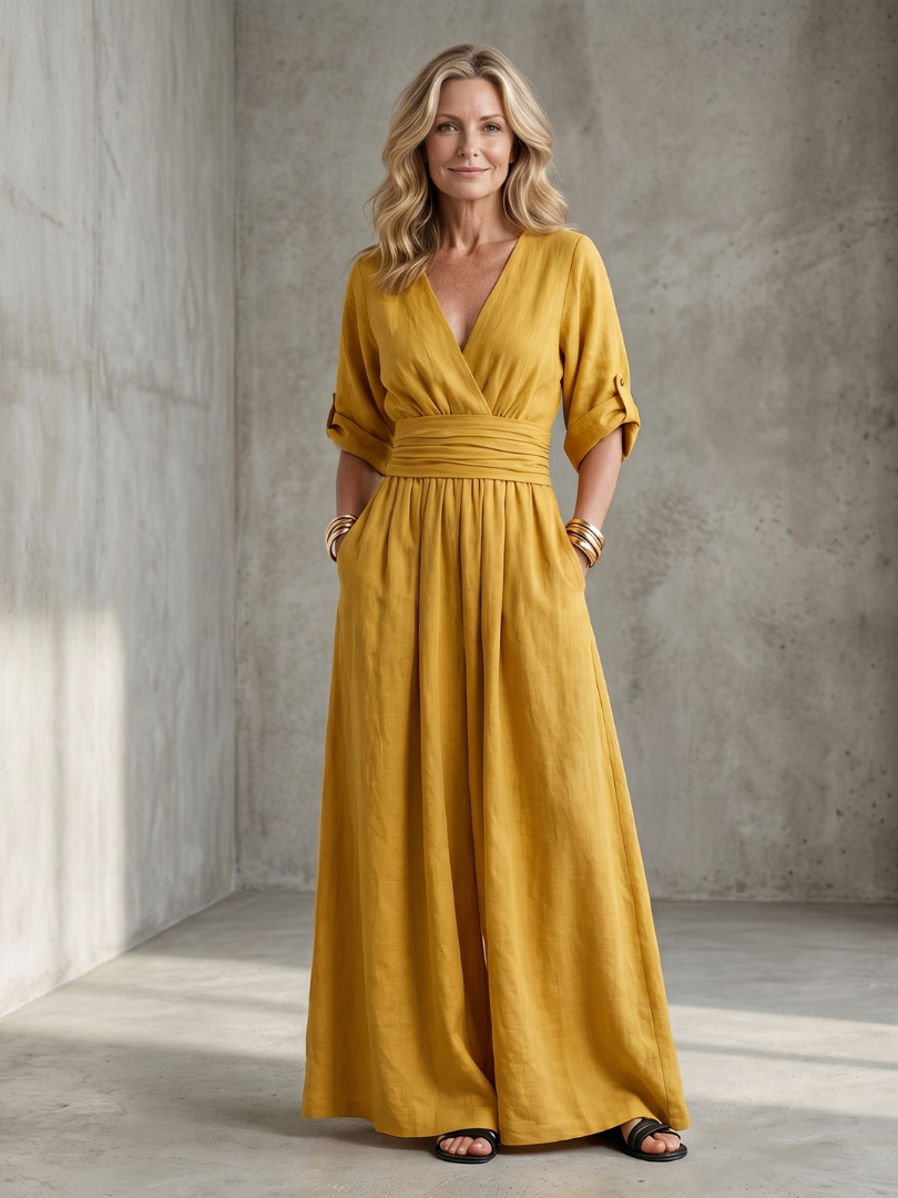 V-Neck Wrap Front Half Sleeve Wide Leg Jumpsuit