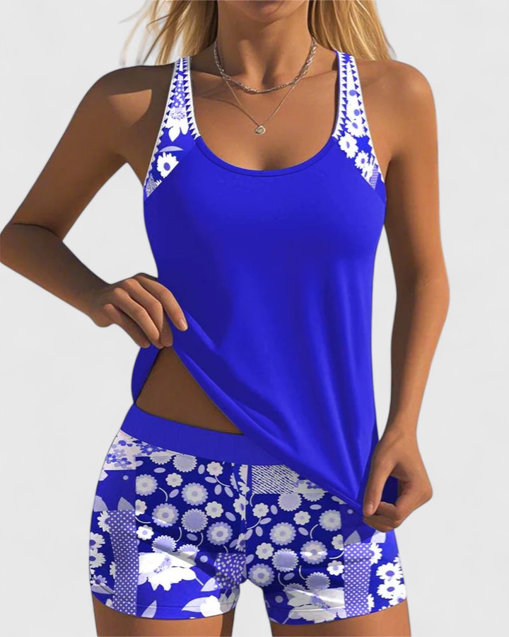 Racerback Tank and Floral Print Shorts Tankini Swimsuit Set