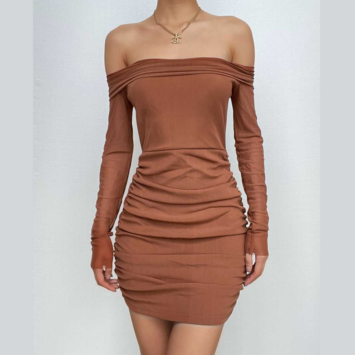 Mesh off shoulder solid long sleeve ruched mini dress 3