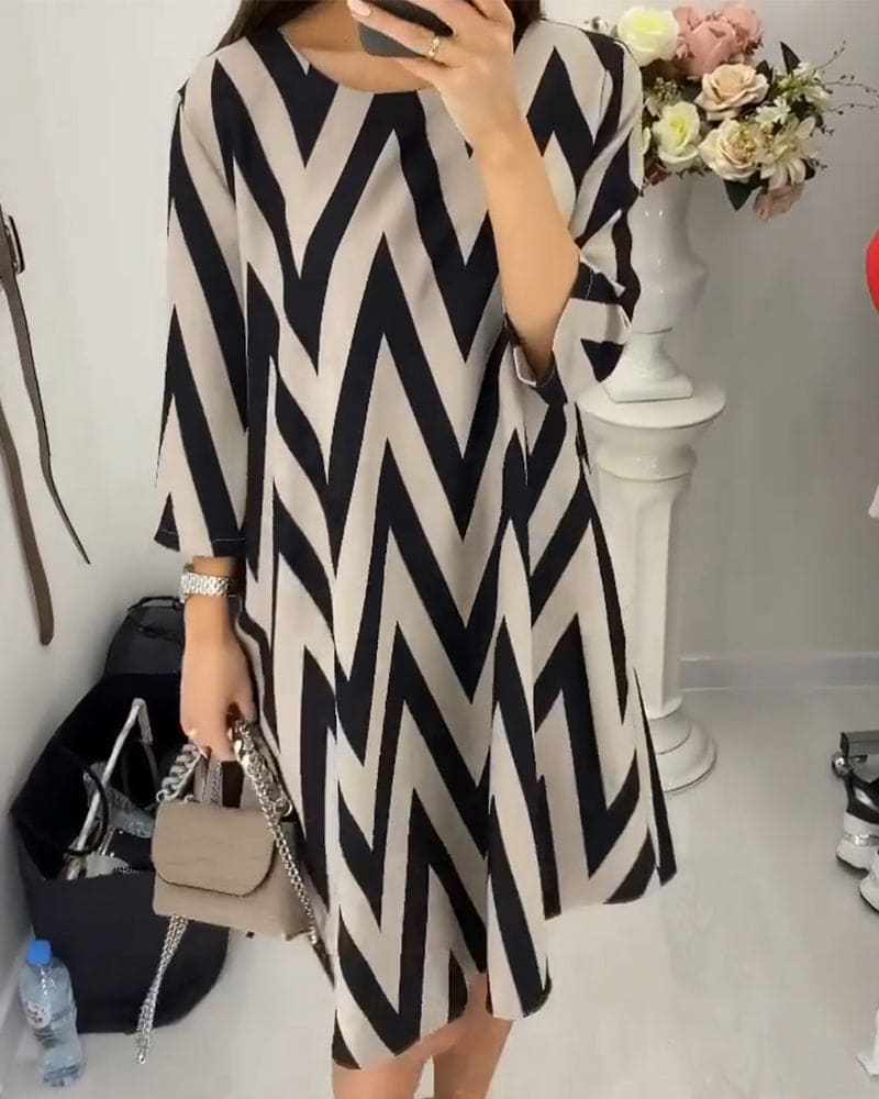 Chevron Print Crew Neck Elbow Sleeve Shift Mini Dress