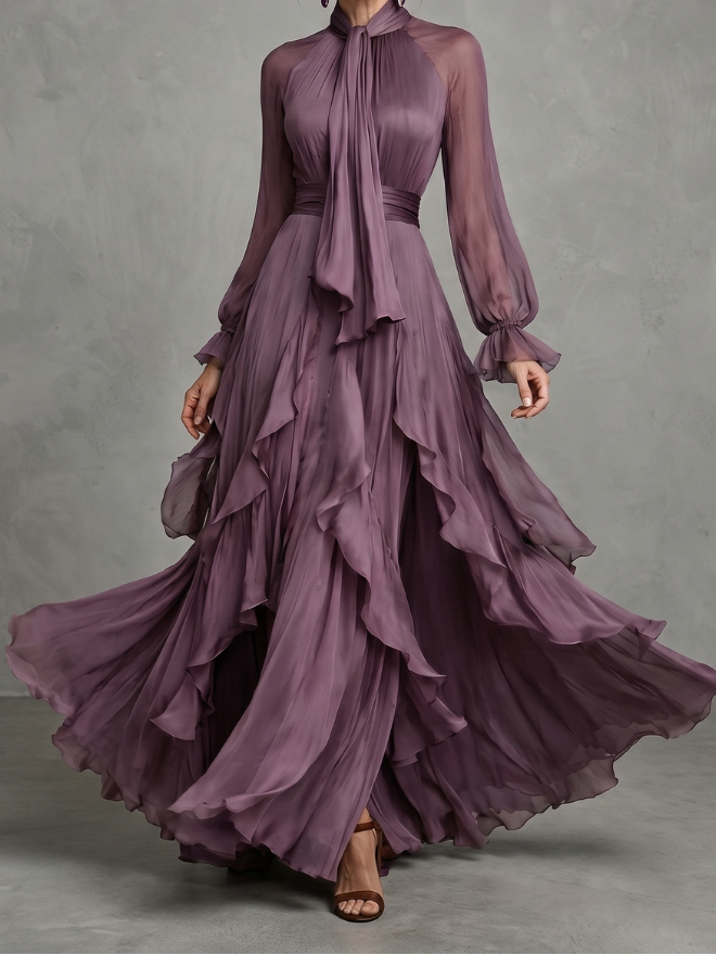 Tie Neck Long Sleeve Ruffle Tiered Chiffon Maxi Gown