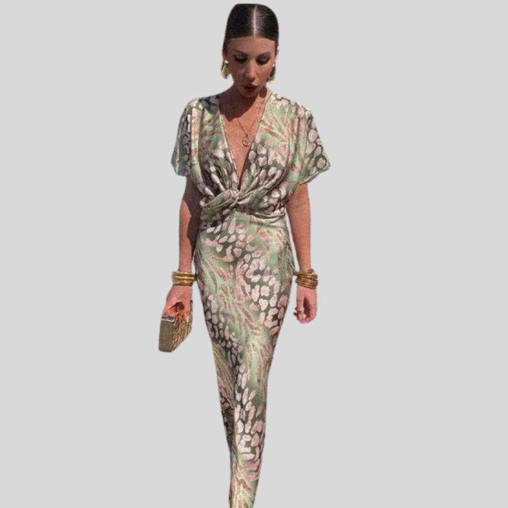 Animal Print Deep V-Neck Twist Front Bodycon Maxi Dress