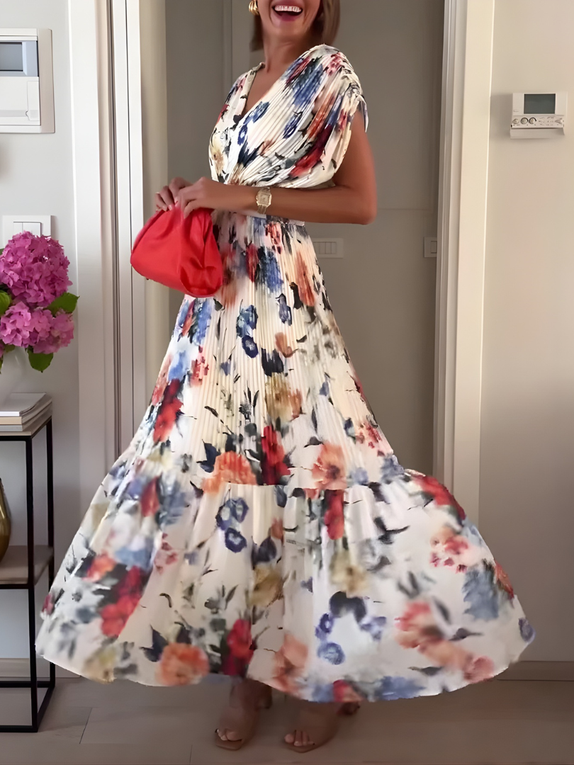 Floral V-Neck Short Sleeve Pleated Tiered Maxi Dress