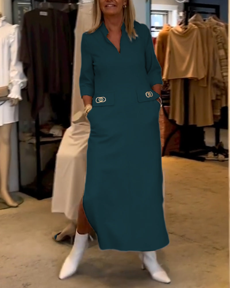 Scarlett Elevated Solid Color Slit Dress with 3/4 Sleeves Everyday Luxe Edit