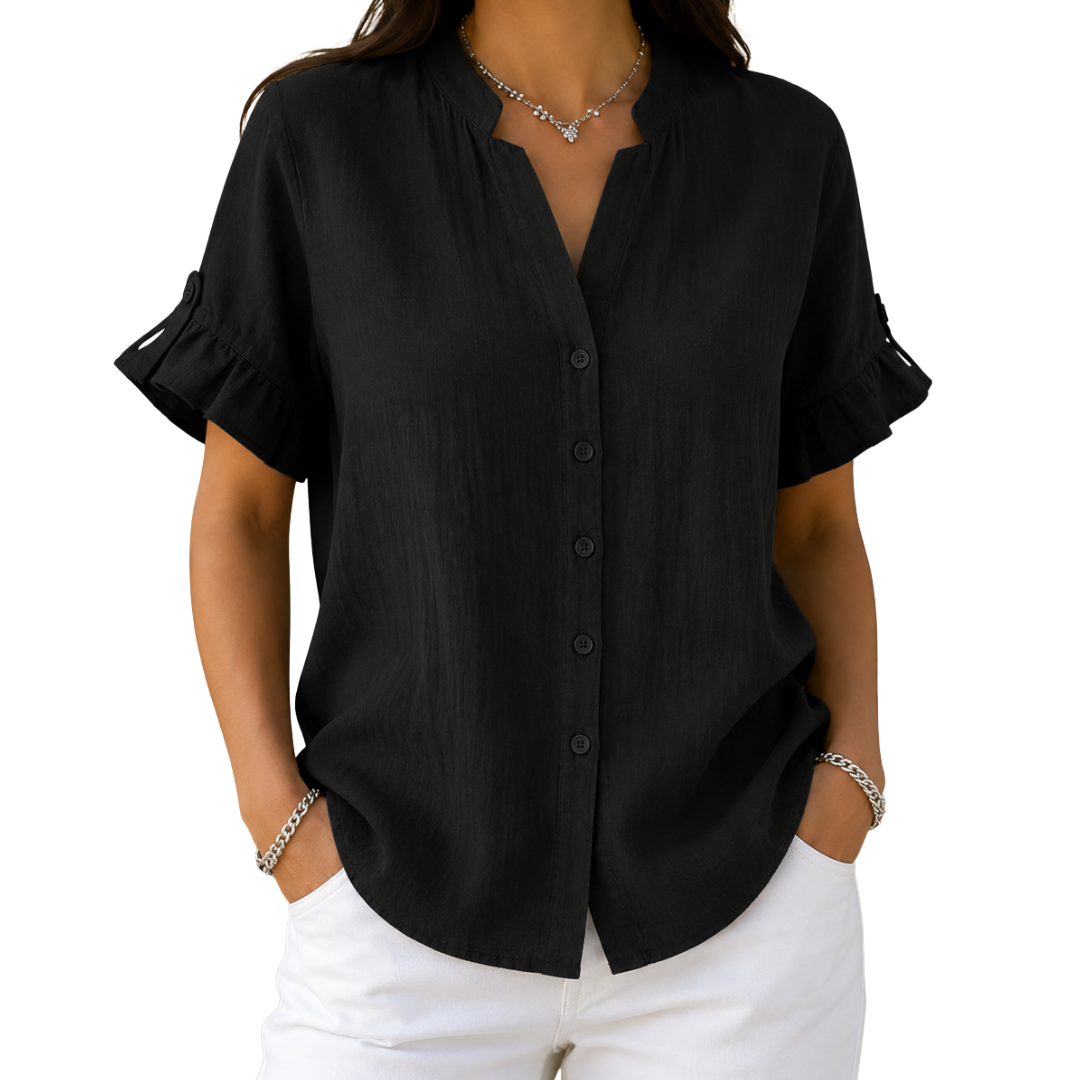 Notch Neck Ruffle Short Sleeve Button Front Blouse