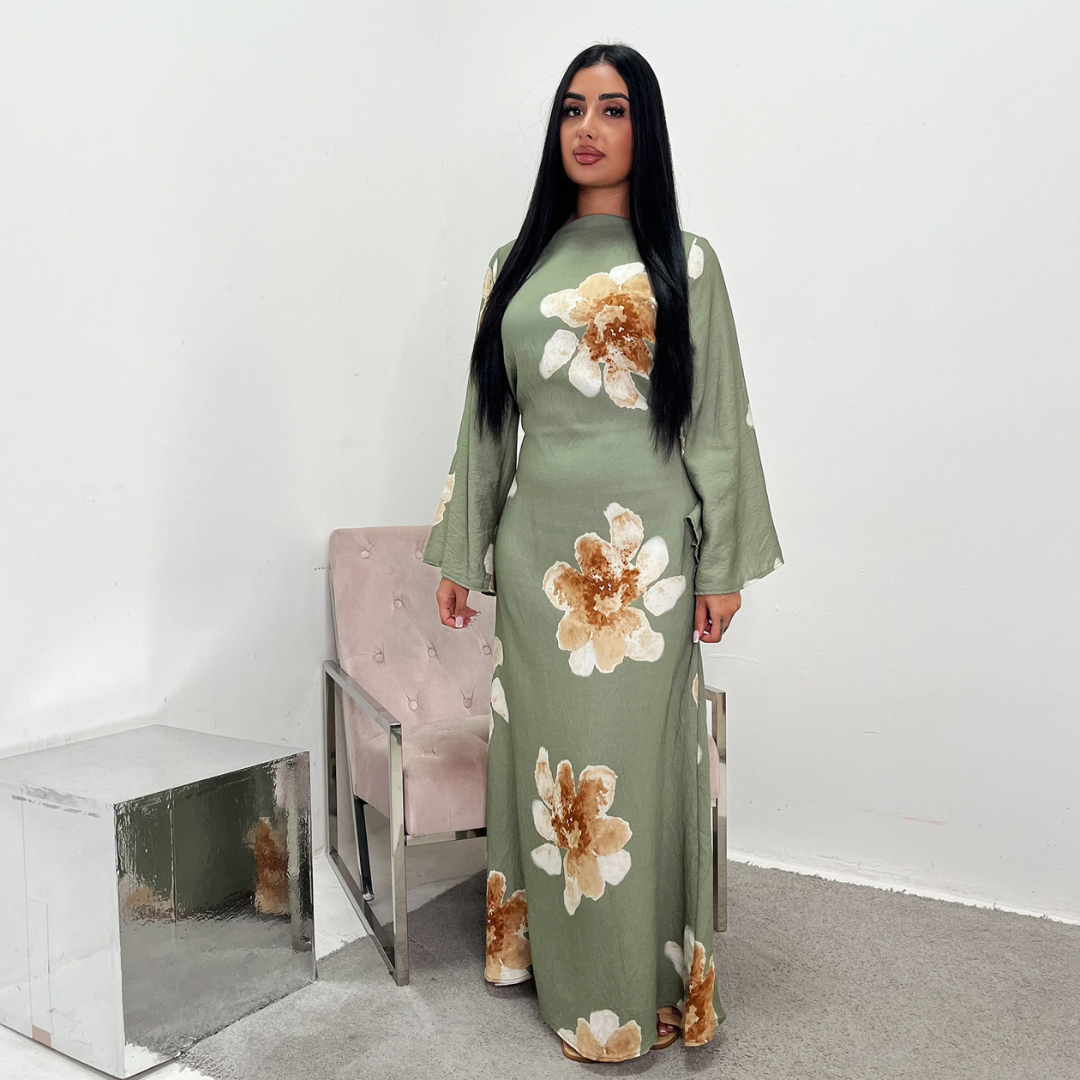 Floral Round Neck Flare Sleeve Bodycon Maxi Dress