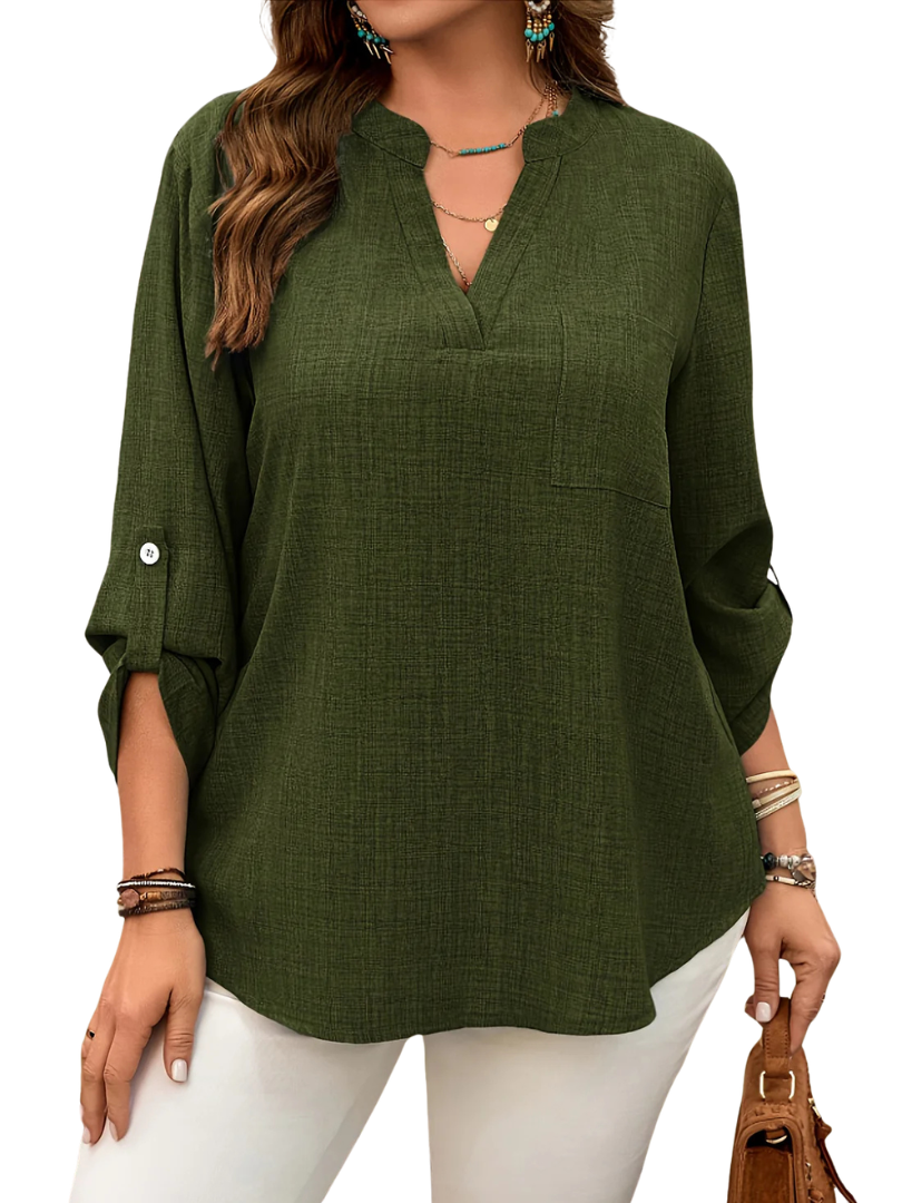Notch V-Neck Roll Tab Long Sleeve Pocket Top