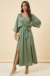 Satin V-Neck Batwing Wrap Maxi Dress