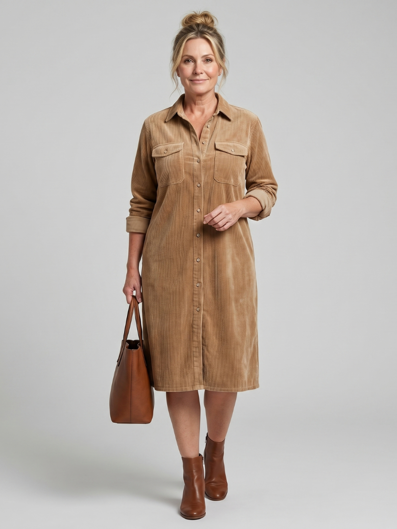 Long Sleeve Button Front Patch Pocket Corduroy Shirt Dress