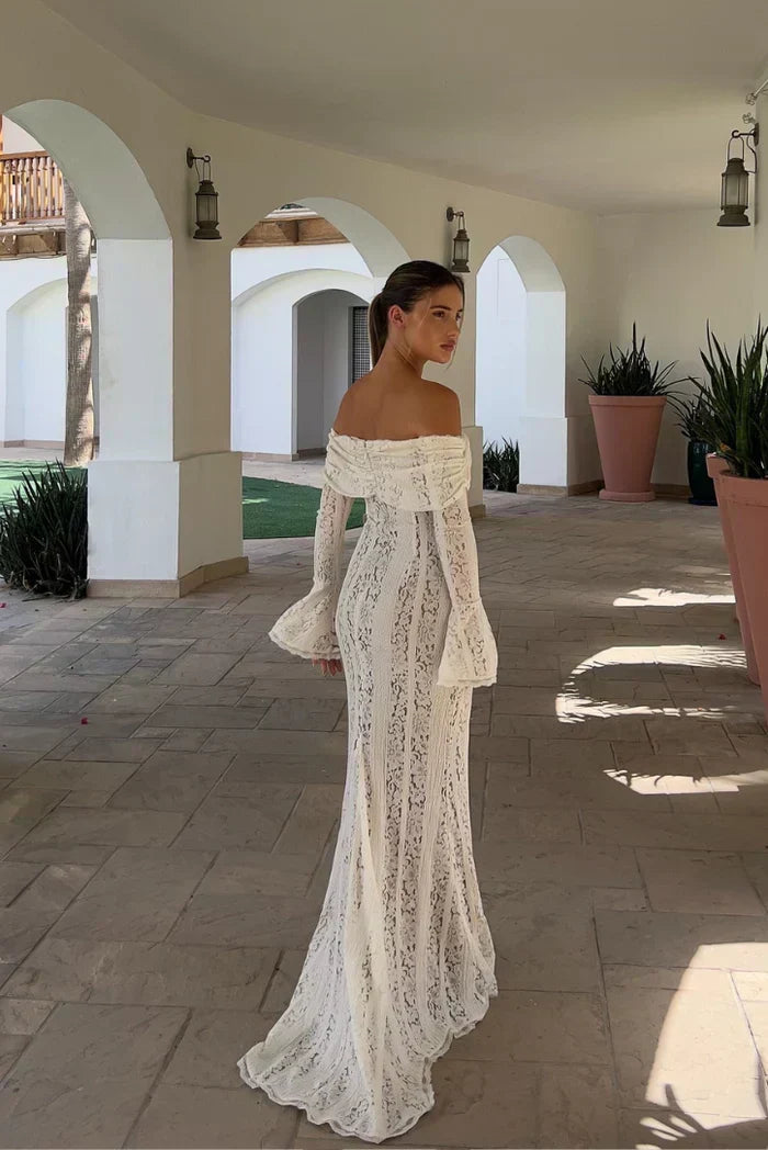 Off Shoulder Bell Sleeve Lace Up Front Striped Lace Mermaid Maxi Dress 2