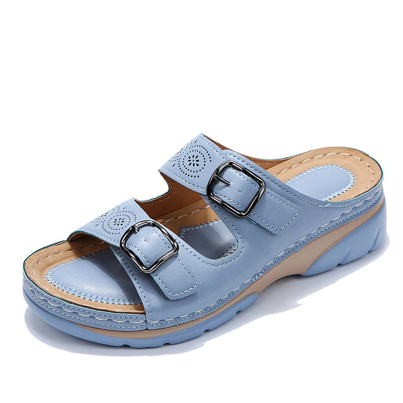 Open Toe Cutout Double Buckle Wedge Slide Sandals