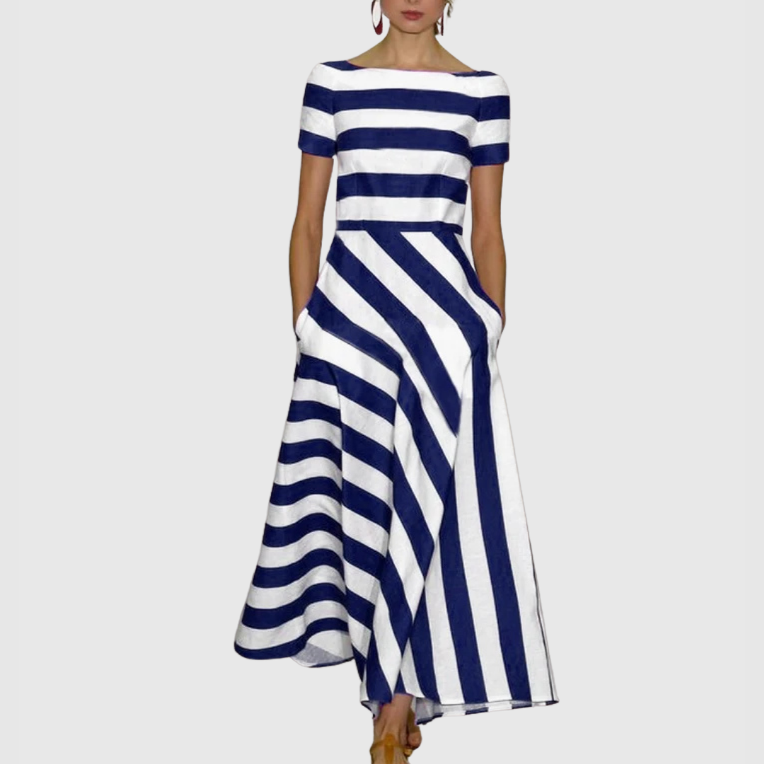 Rowena - Short Sleeve Stripe Maxi Dress Dark Blue