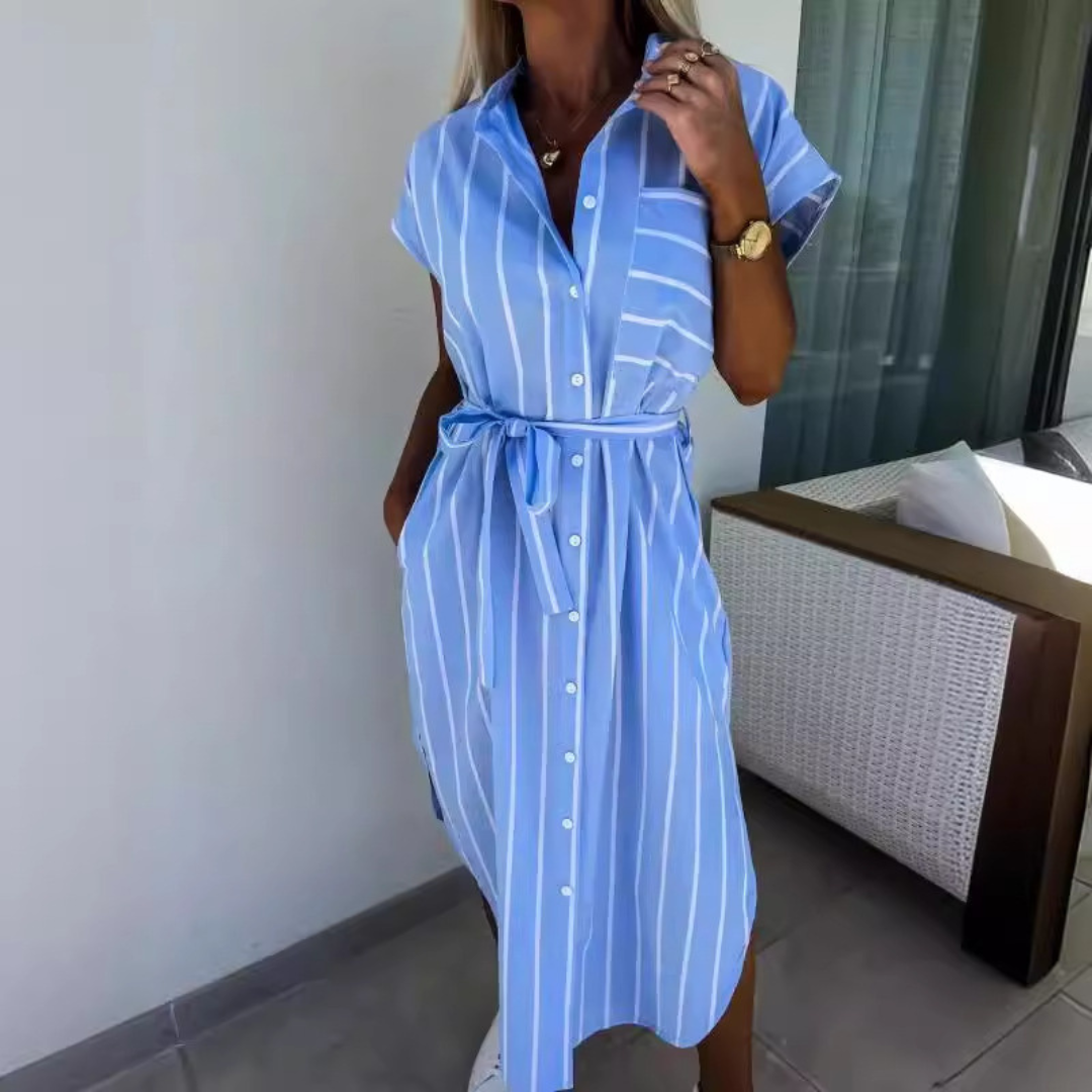 Striped Collared Cap Sleeve Belted Button Front Midi Shirt Dress
