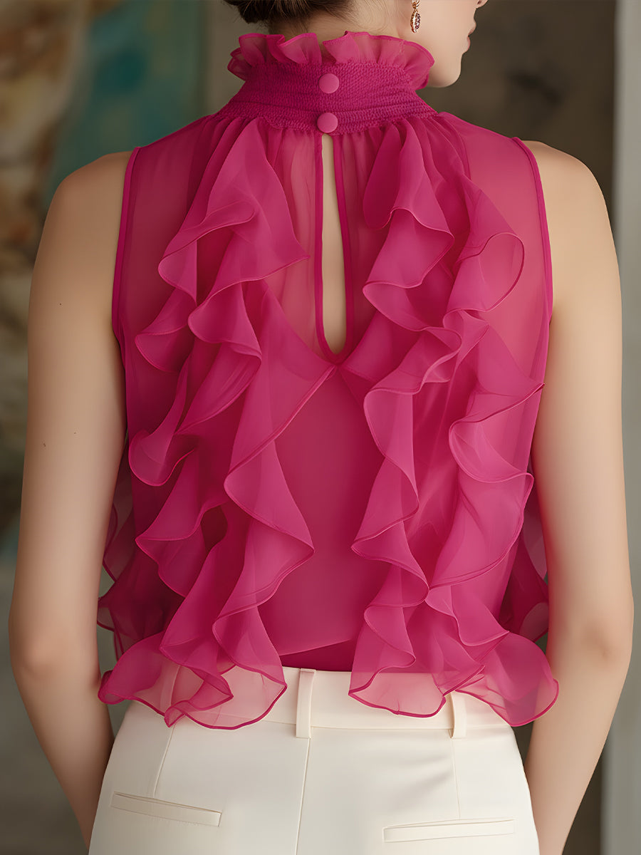 Ruffle High Neck Sleeveless Chiffon Blouse