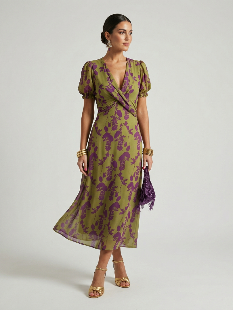 Floral V-Neck Puff Sleeve Wrap Midi Dress