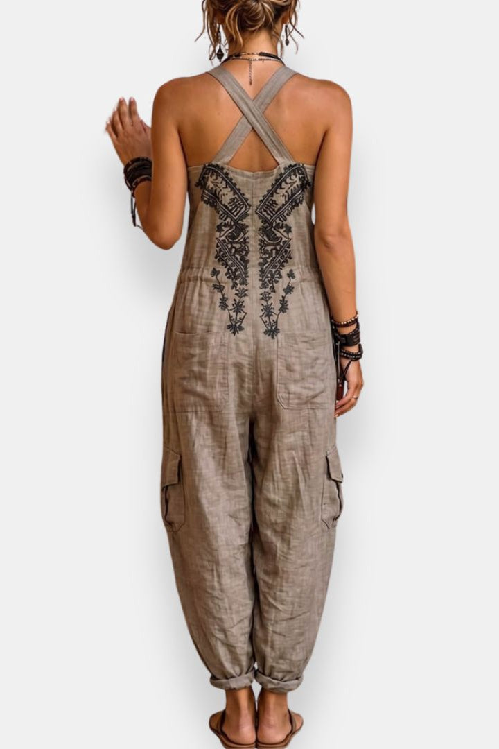 Embroidered Halter Neck Pocket Wide Leg Jumpsuit