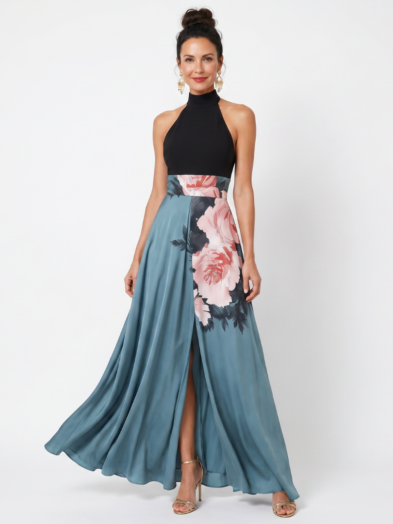 Halter Neck Floral Bodice High Split Maxi Dress