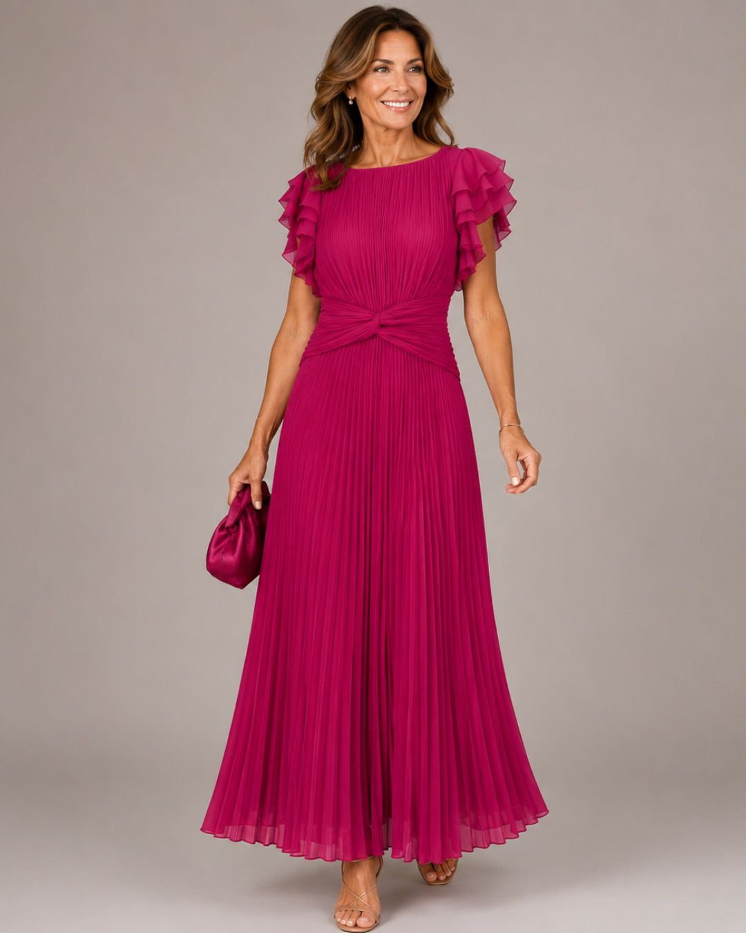Flutter Sleeve Twist Front Pleated Maxi Dress