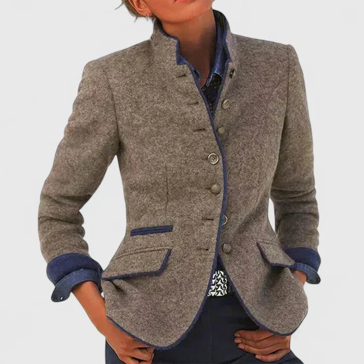 Stand Collar Contrast Trim Button Front Wool Blend Blazer
