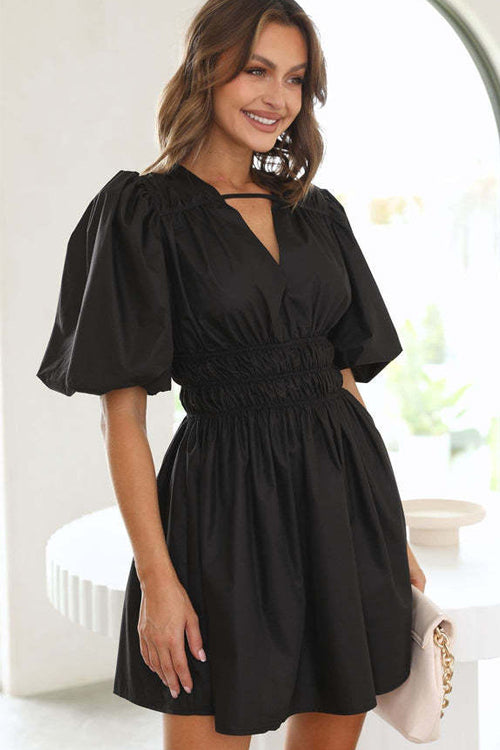 Always In Mind Puff Sleeve Pleated Mini Dress - 5 Colors Black