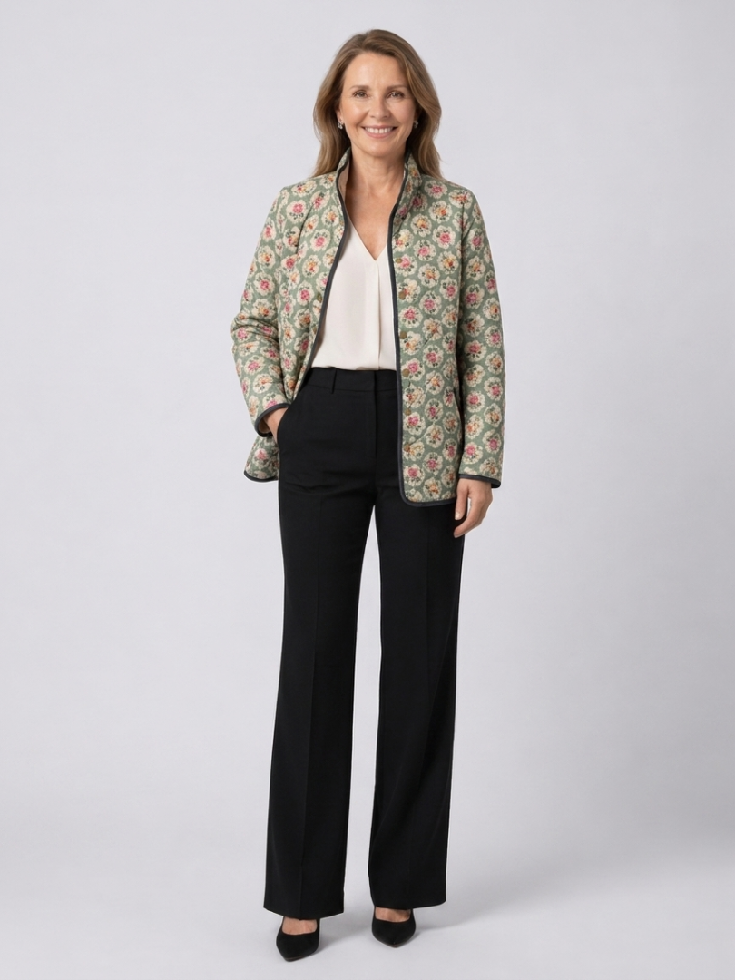 Floral Print Quilted Stand Collar Open Front Jacket