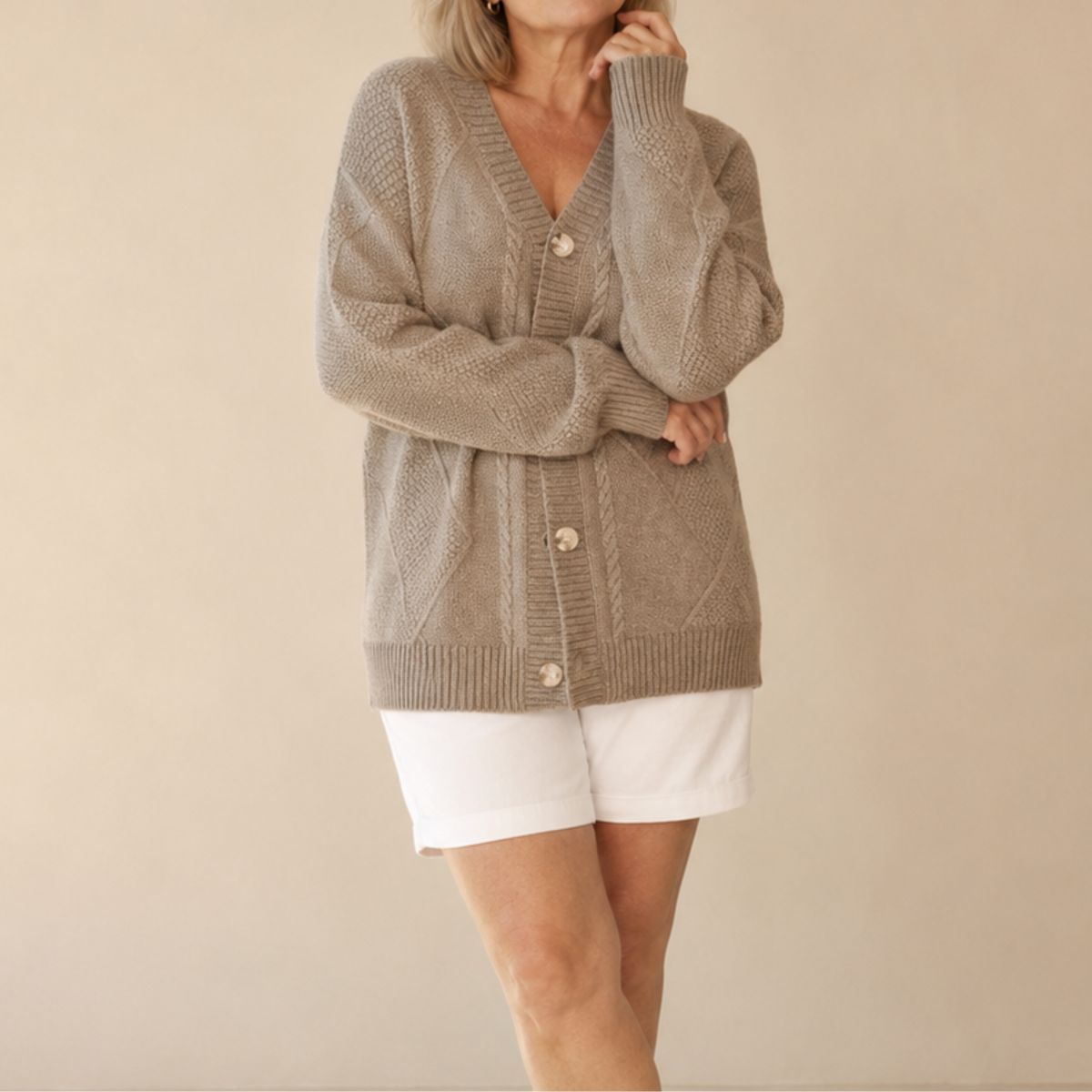 V-Neck Button Front Cable Knit Cardigan