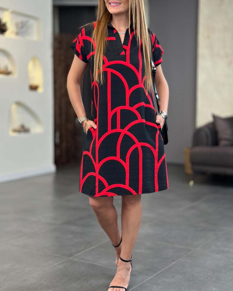 Geometric Print Collared Short Sleeve Shirt Dress