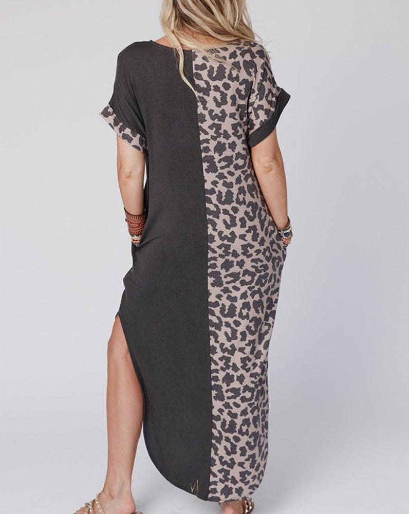 Round neck leopard color block dress