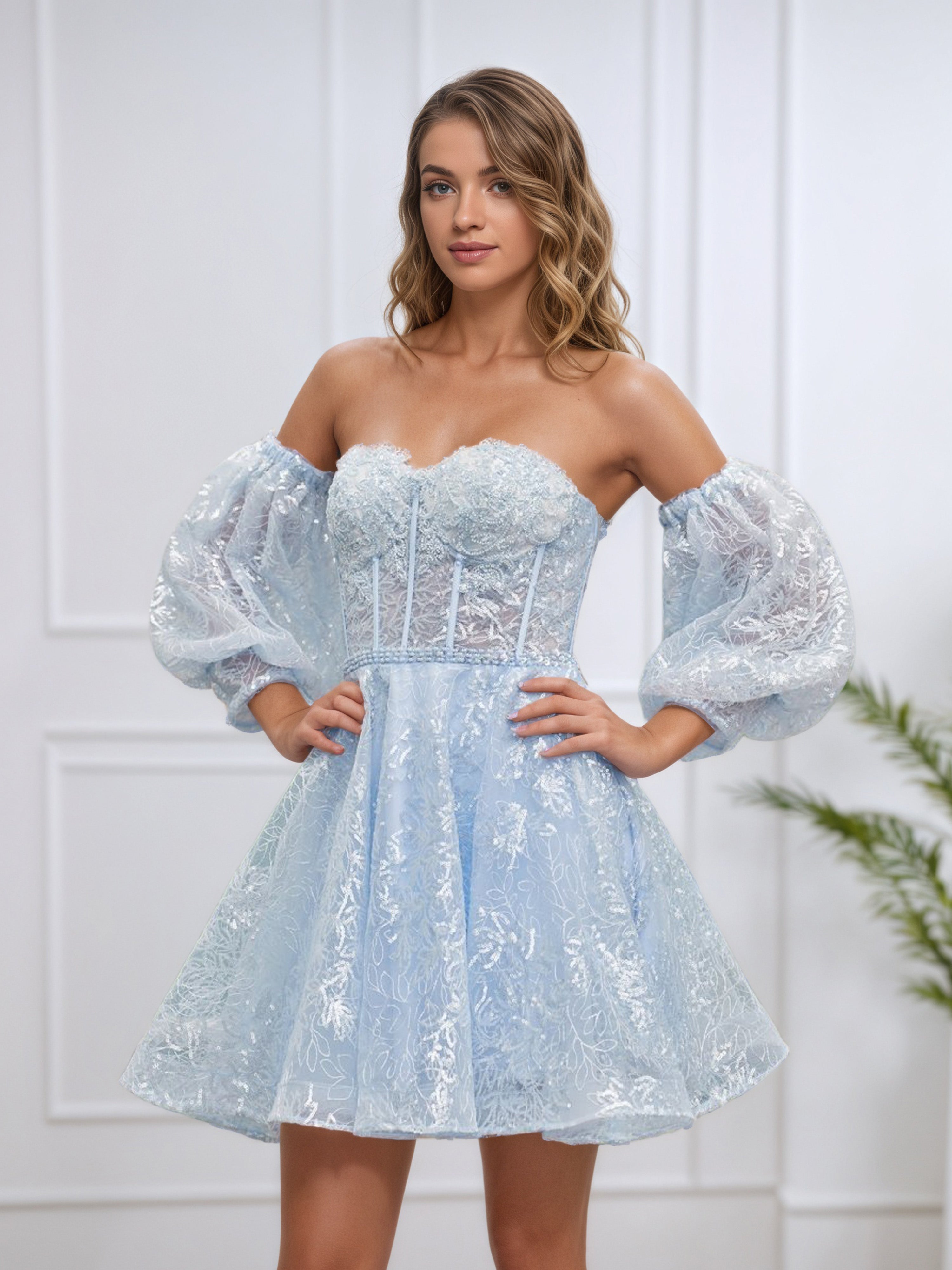 A Line Sky Blue Sweetheart Homecoming Dress with Detachable Sleeves