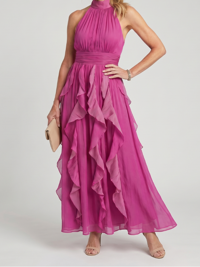 High Neck Sleeveless Ruffle Cascade Chiffon Maxi Dress