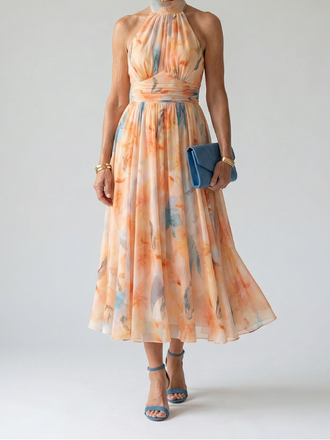 Floral Print Halter Neck Sleeveless Flowy Midi Dress